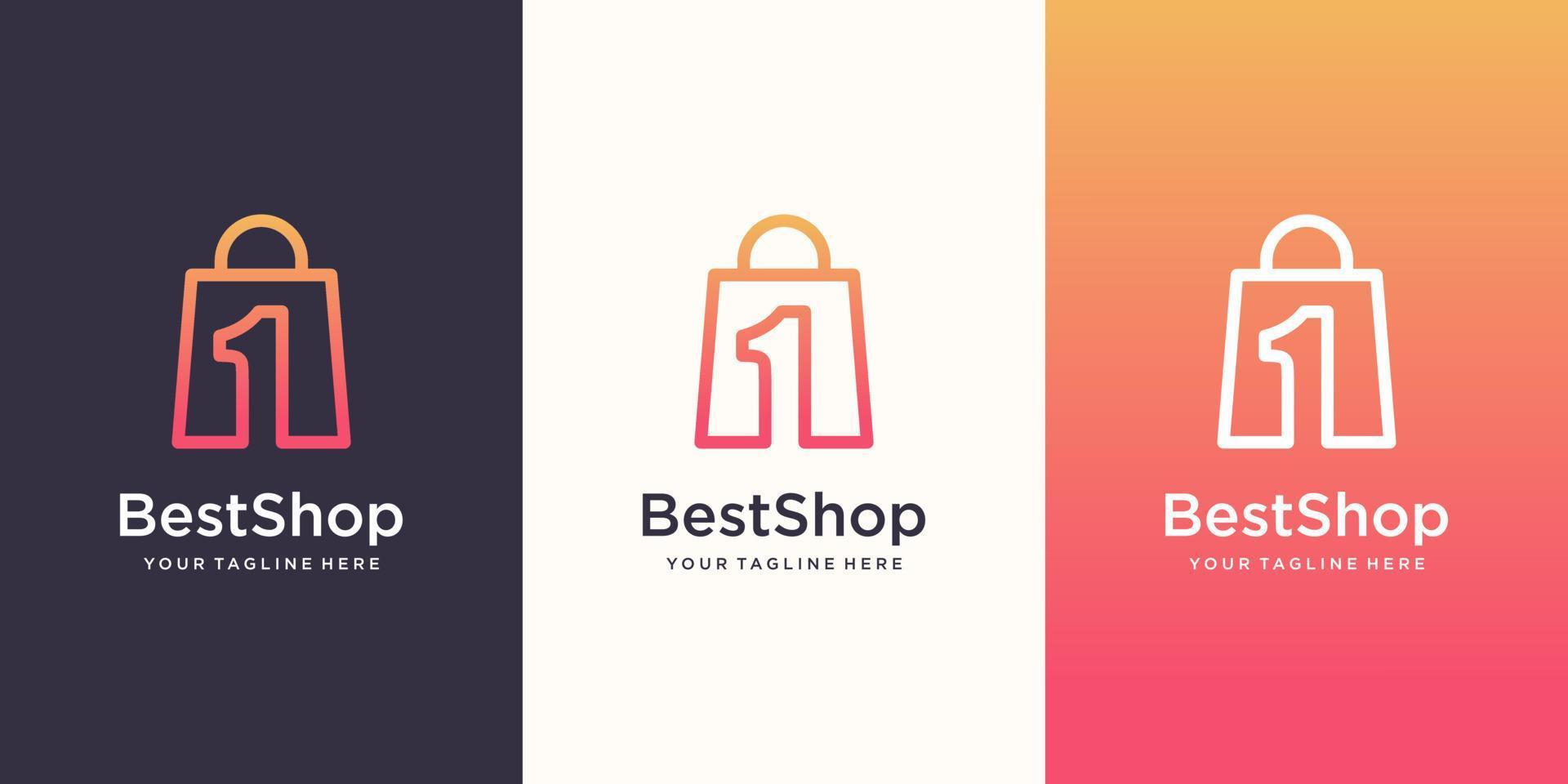 Best Shop Logo designs Template, bag combined with number one. vector