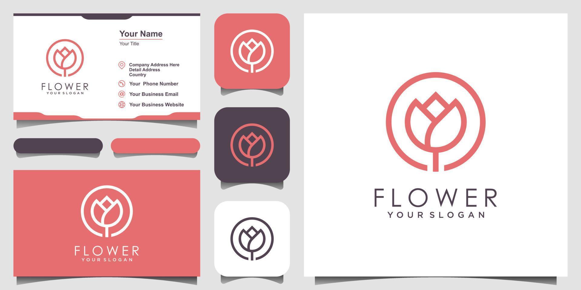 minimalista elegante flor rosa belleza con estilo de arte lineal. Inspiración en el diseño del logotipo de uso de cosméticos, yoga y spa. conjunto de diseño de logotipo y tarjeta de visita vector