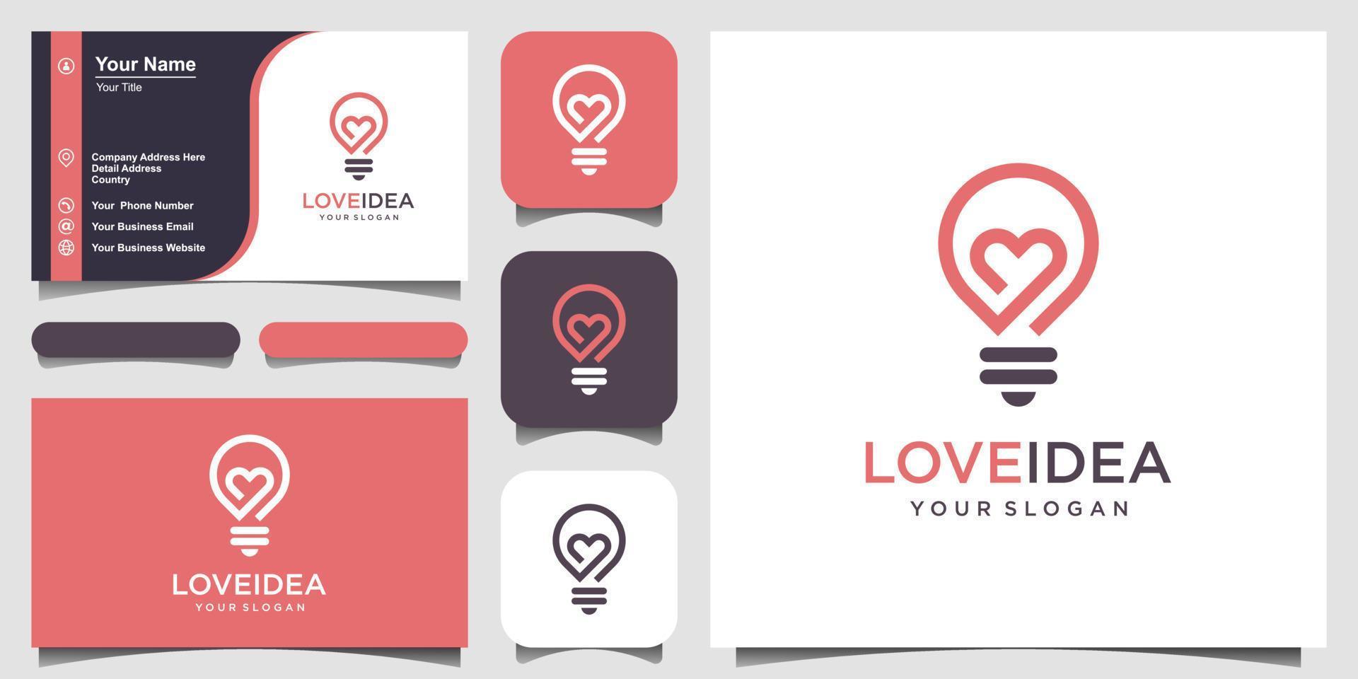 love idea with Bulb lamp and heart logo and business card design vector. vector