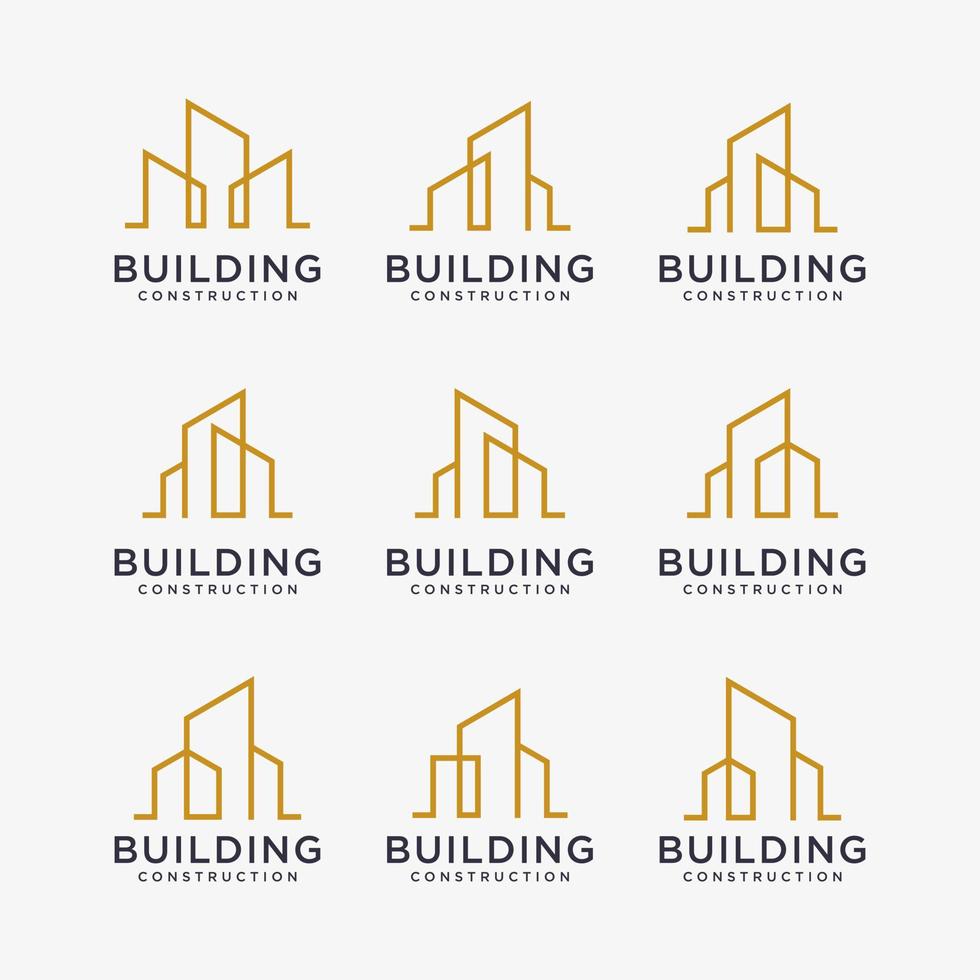 set of golden building logo designs. construction logo design with line art style. vector