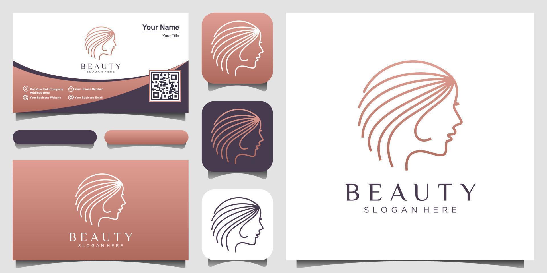woman's face with line art style logo and business card design. Abstract design concept for beauty salon, fashion, massage, magazine, cosmetic and spa. vector
