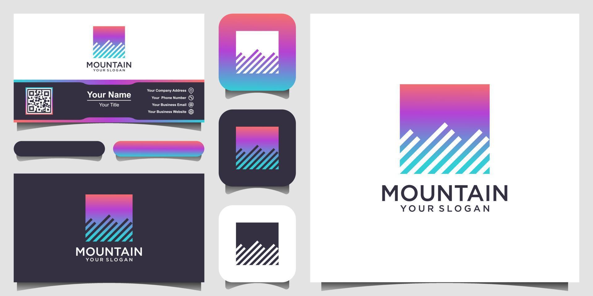 ilustración de montaña con logotipo de estilo cuadrado y vector de diseño de tarjeta de visita.