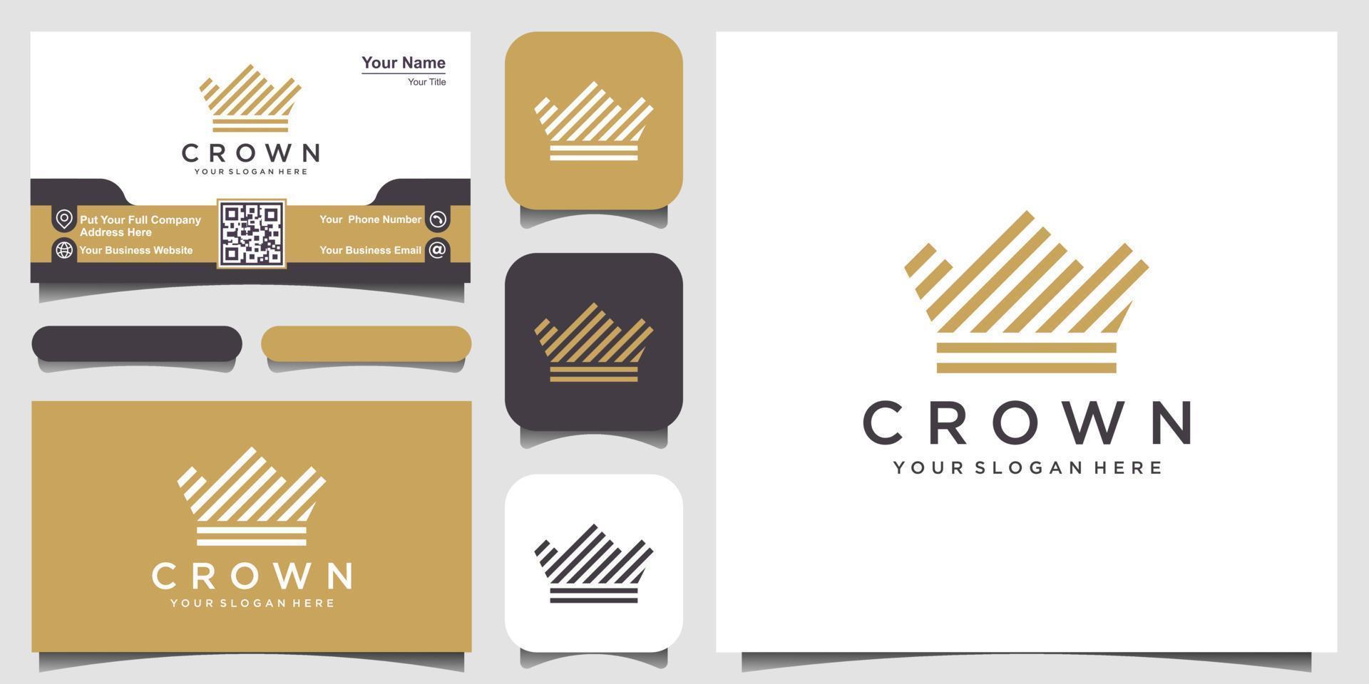 Crown logo icon with line stripes style and business card design vector