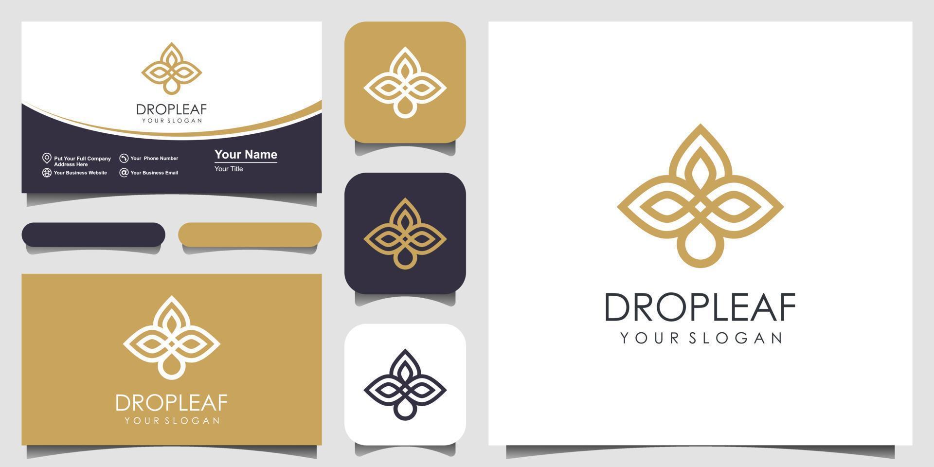 Diseño de logotipo de hoja y aceite minimalista y elegante con estilo de arte lineal. logo para belleza, cosmética, yoga y spa. diseño de logotipo y tarjeta de visita. vector