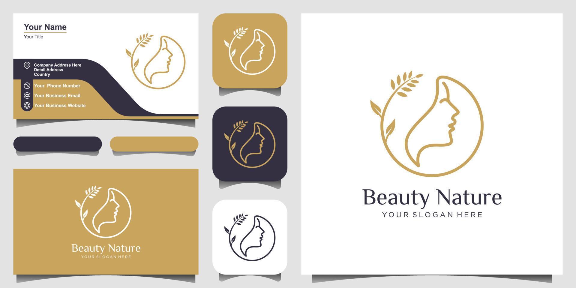 woman's face combine flower logo and business card design. Abstract design concept for beauty salon, fashion, massage, magazine, cosmetic and spa. vector