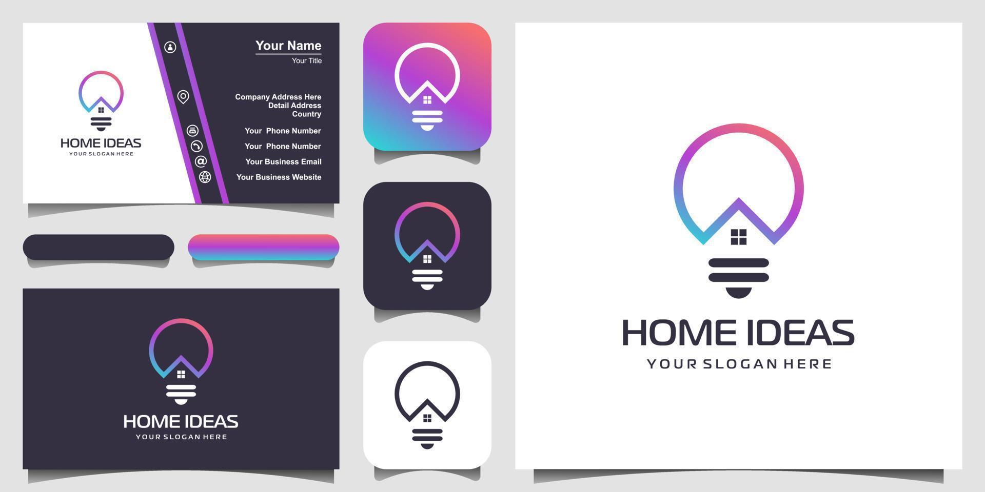 Home and bulb logo design combination with line art style. Line logo with building icons and business card design vector