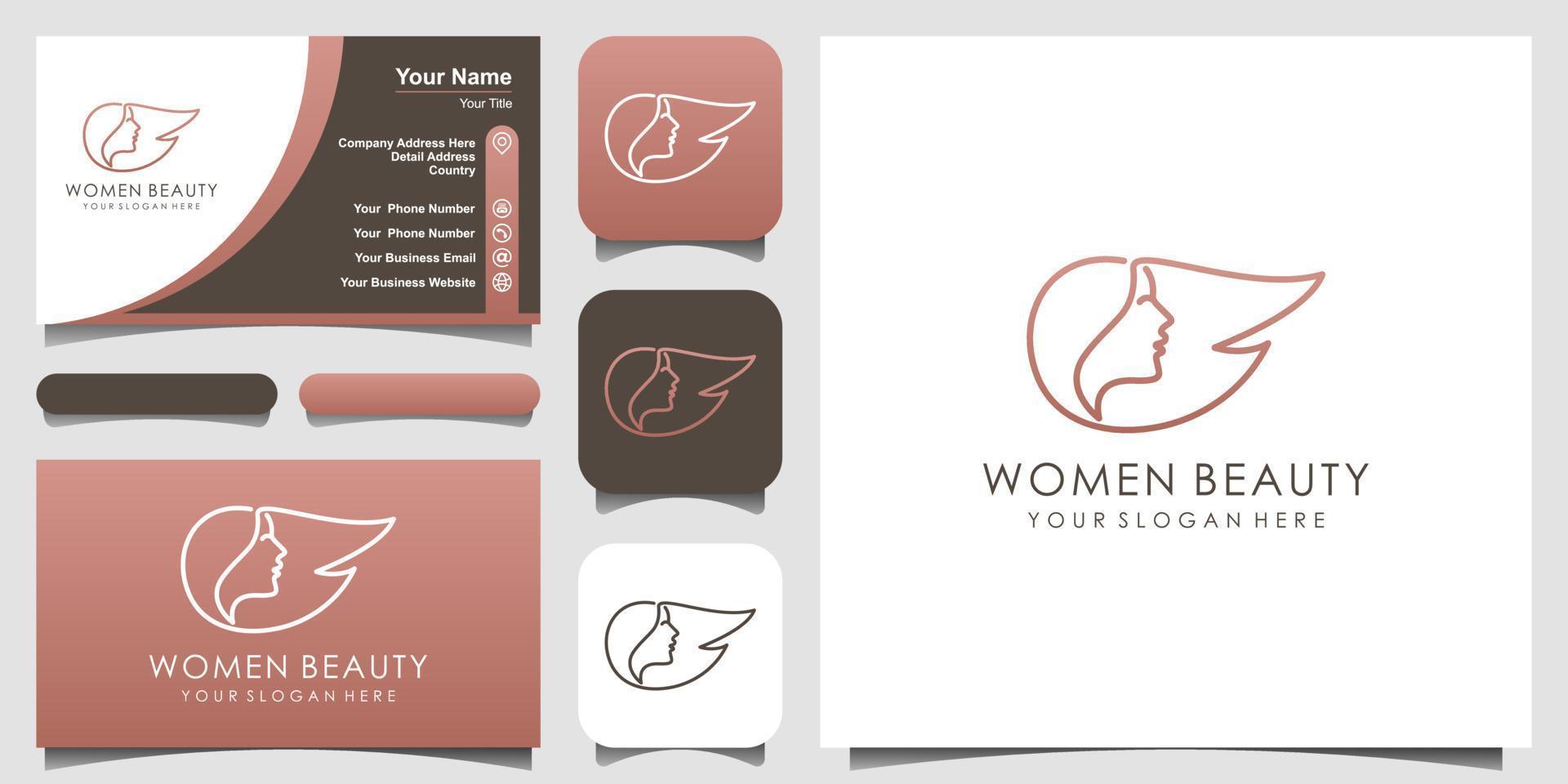 creative woman logo with line art style and business card design. head, face, hair,  logo isolated. Use for beauty salon, spa, cosmetics vector