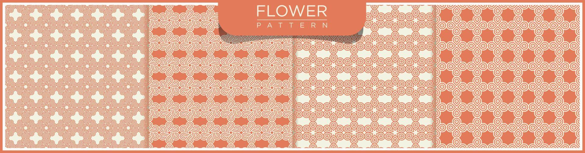 Set of geometric seamless line pattern. White and orange background with flower ornaments. Patterns, backgrounds and wallpapers for your design. Textile ornament. Vector illustration.