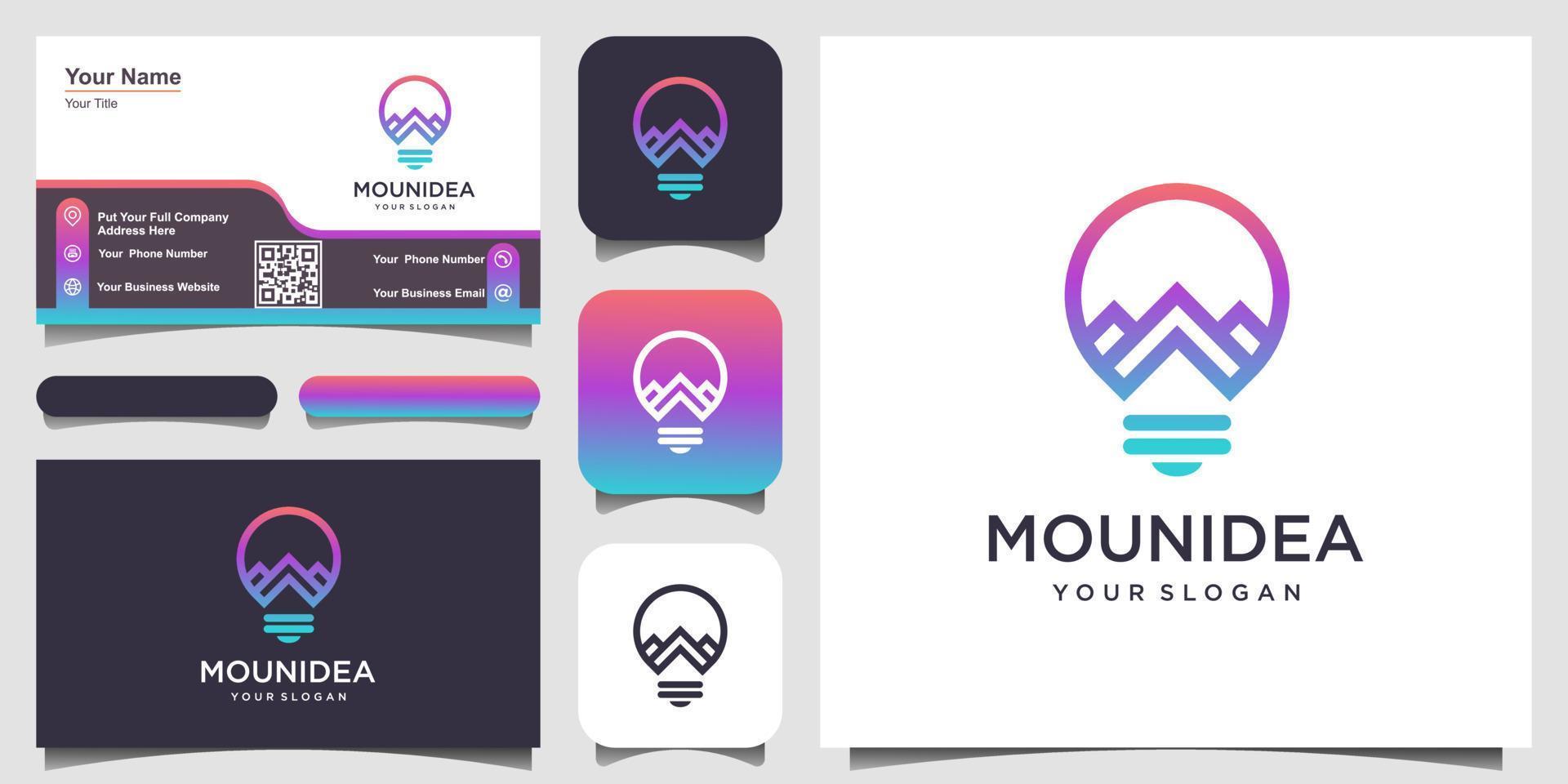 lámpara de bombilla creativa combinada con montaña. Diseño de logotipo y tarjeta de presentación. vector