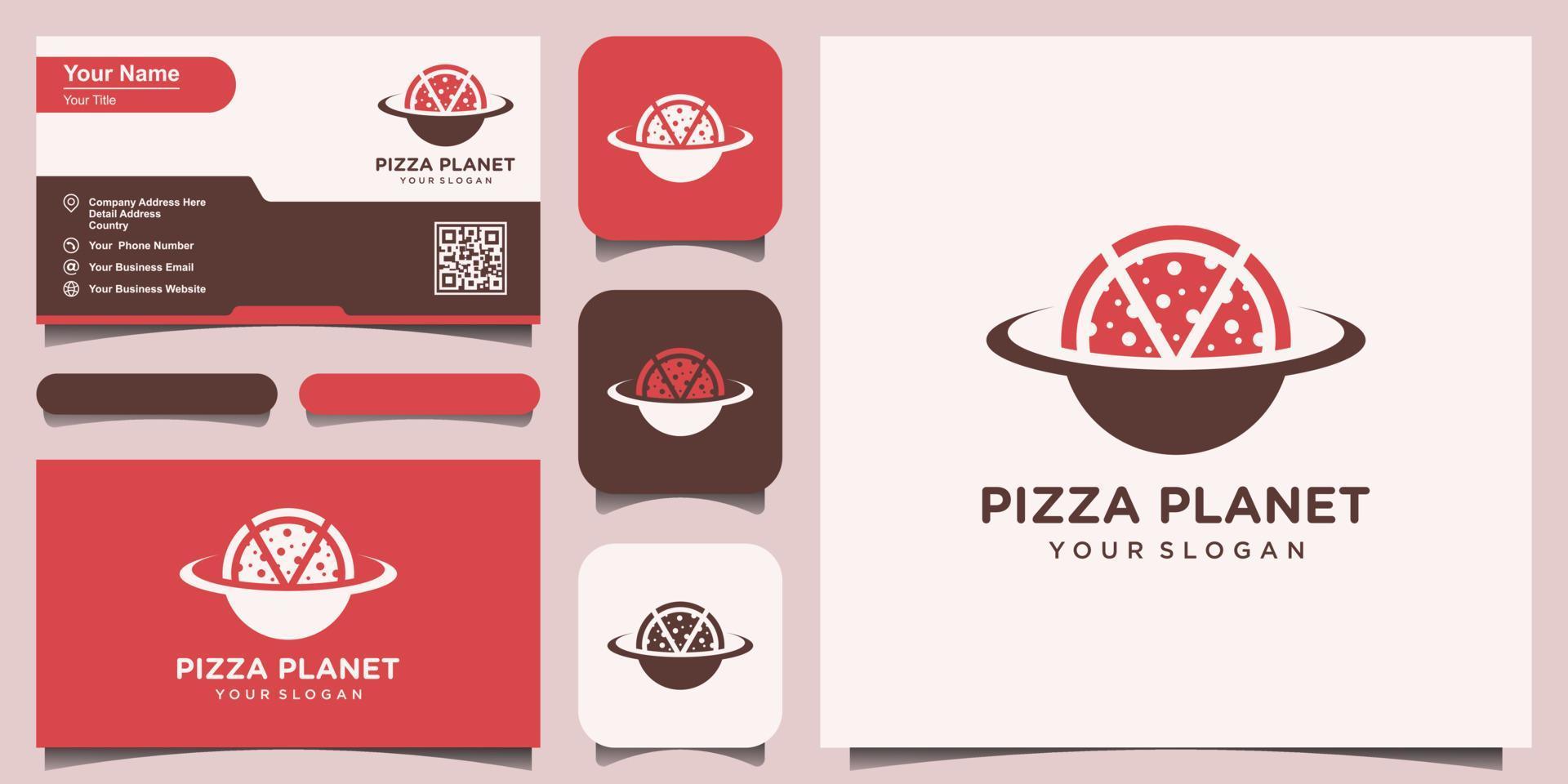 plantilla de diseño de logotipo de pizza planeta. ilustración vectorial gráfico de concepto símbolo planetas y pizza. conjunto de diseño de logotipo y tarjeta de visita vector