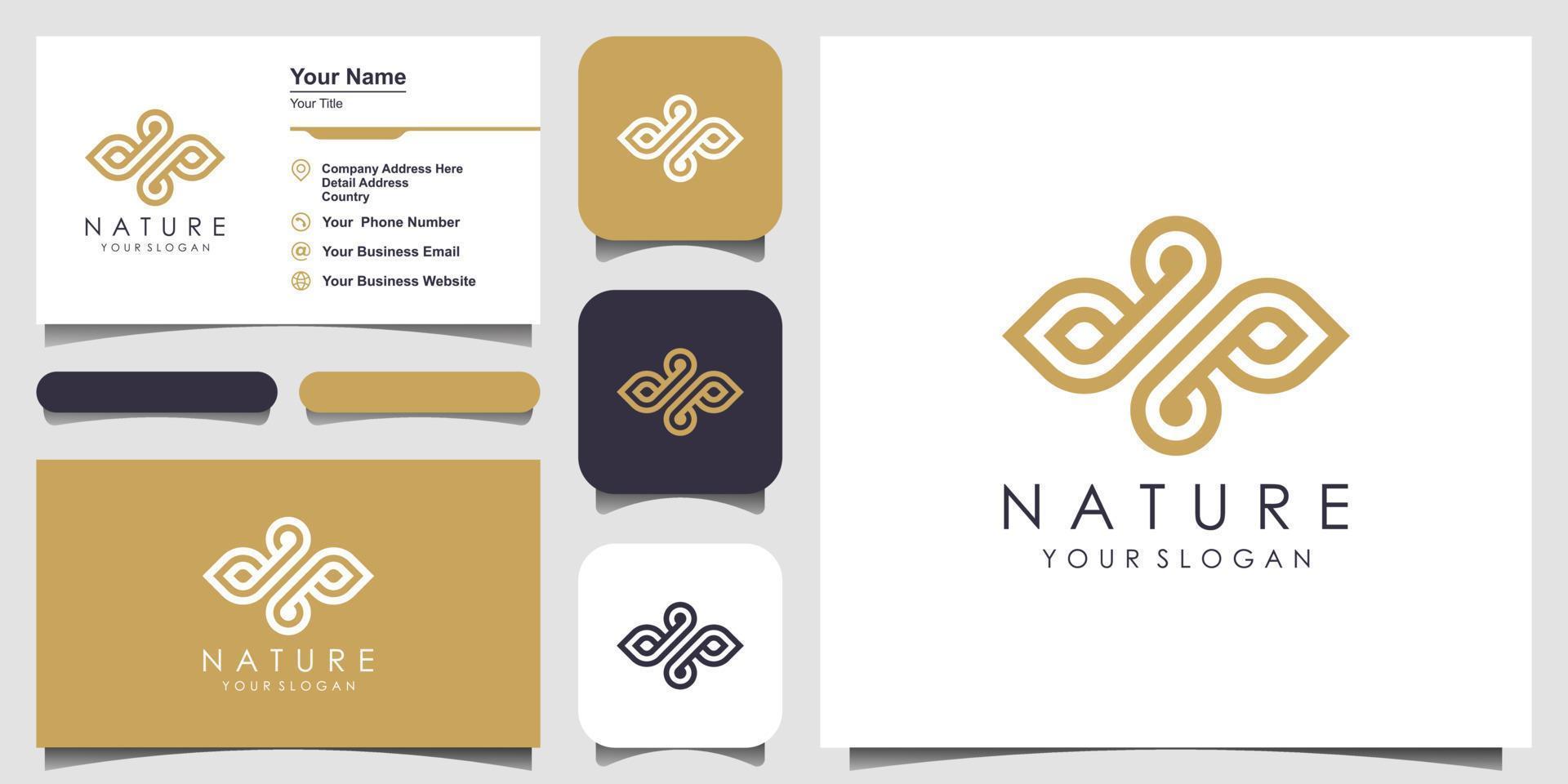 Diseño de logotipo de hoja y aceite minimalista y elegante con estilo de arte lineal. logo para belleza, cosmética, yoga y spa. diseño de logotipo y tarjeta de visita. vector