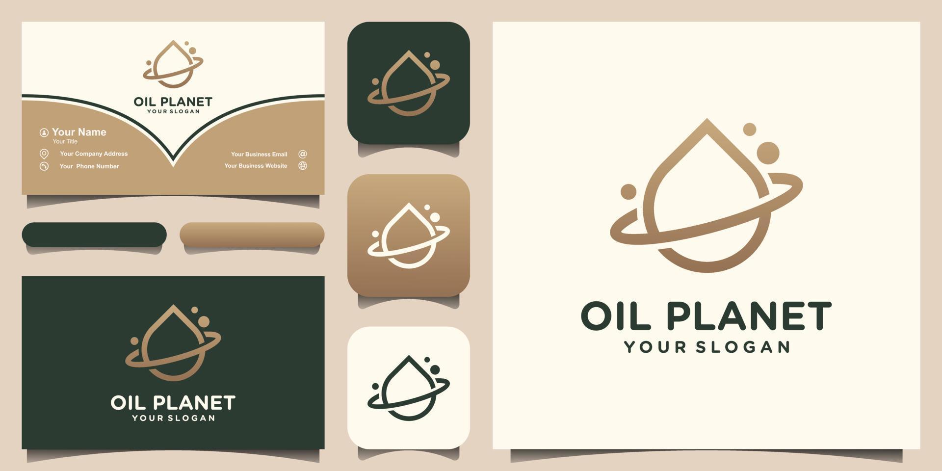 Water drop logo design combined with a planetary ring. oil olive planet. set of logo and business card design vector