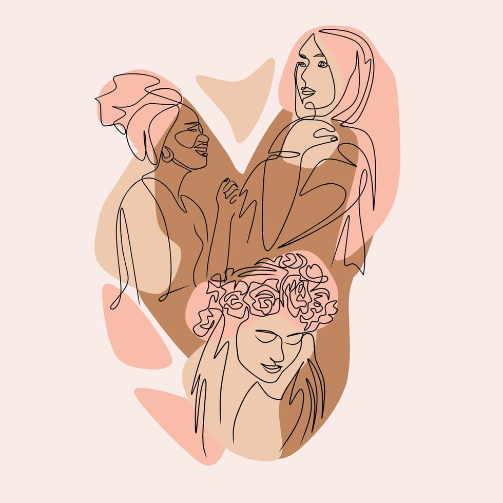 Vector illustration of different women in line art style