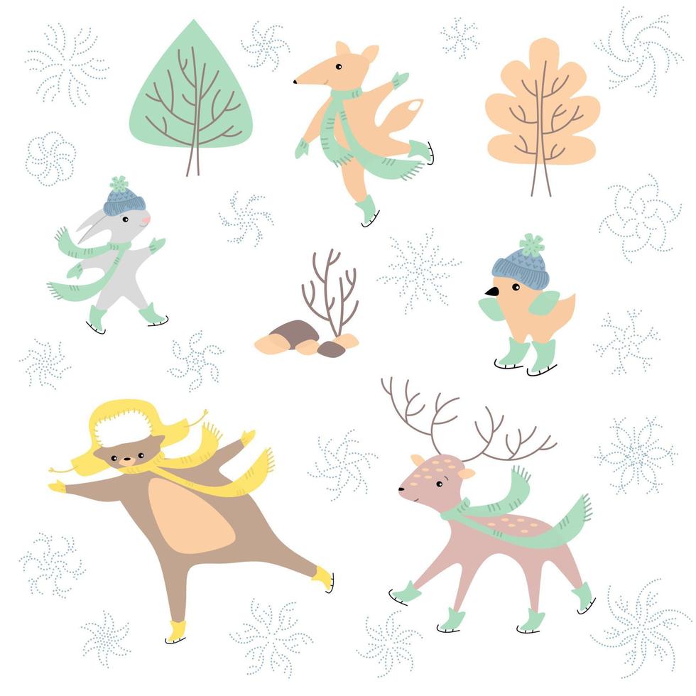 Vector illustrationof cute ice skating animals.