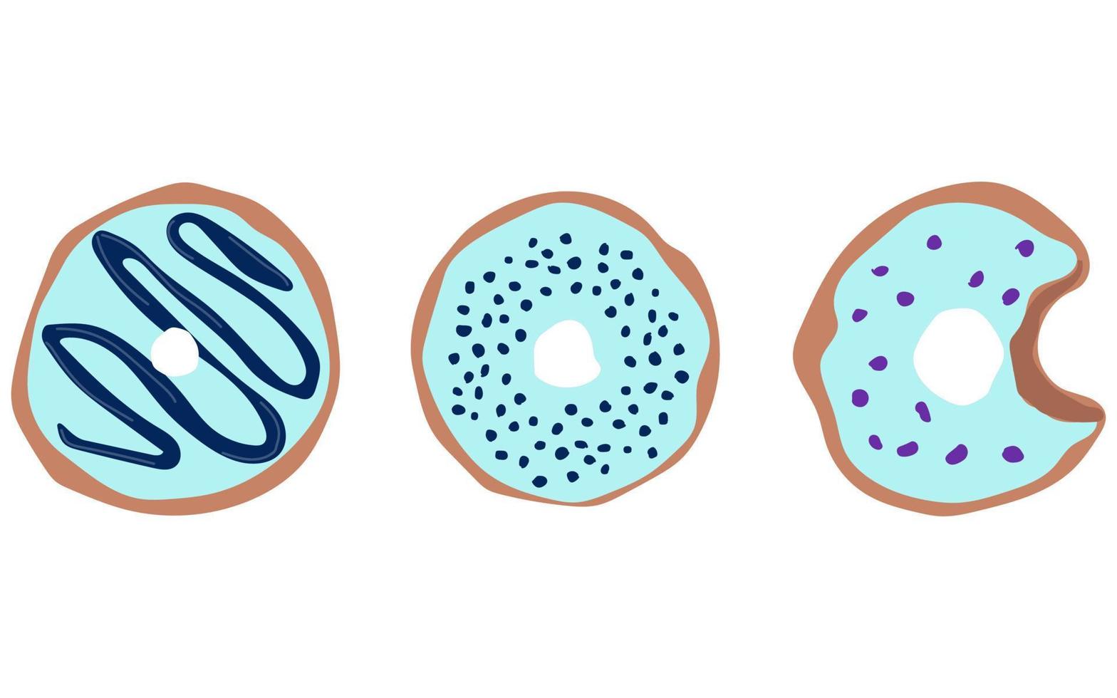 conjunto de tres donuts con icono de donut de glaseado azul, ilustración vectorial. vector