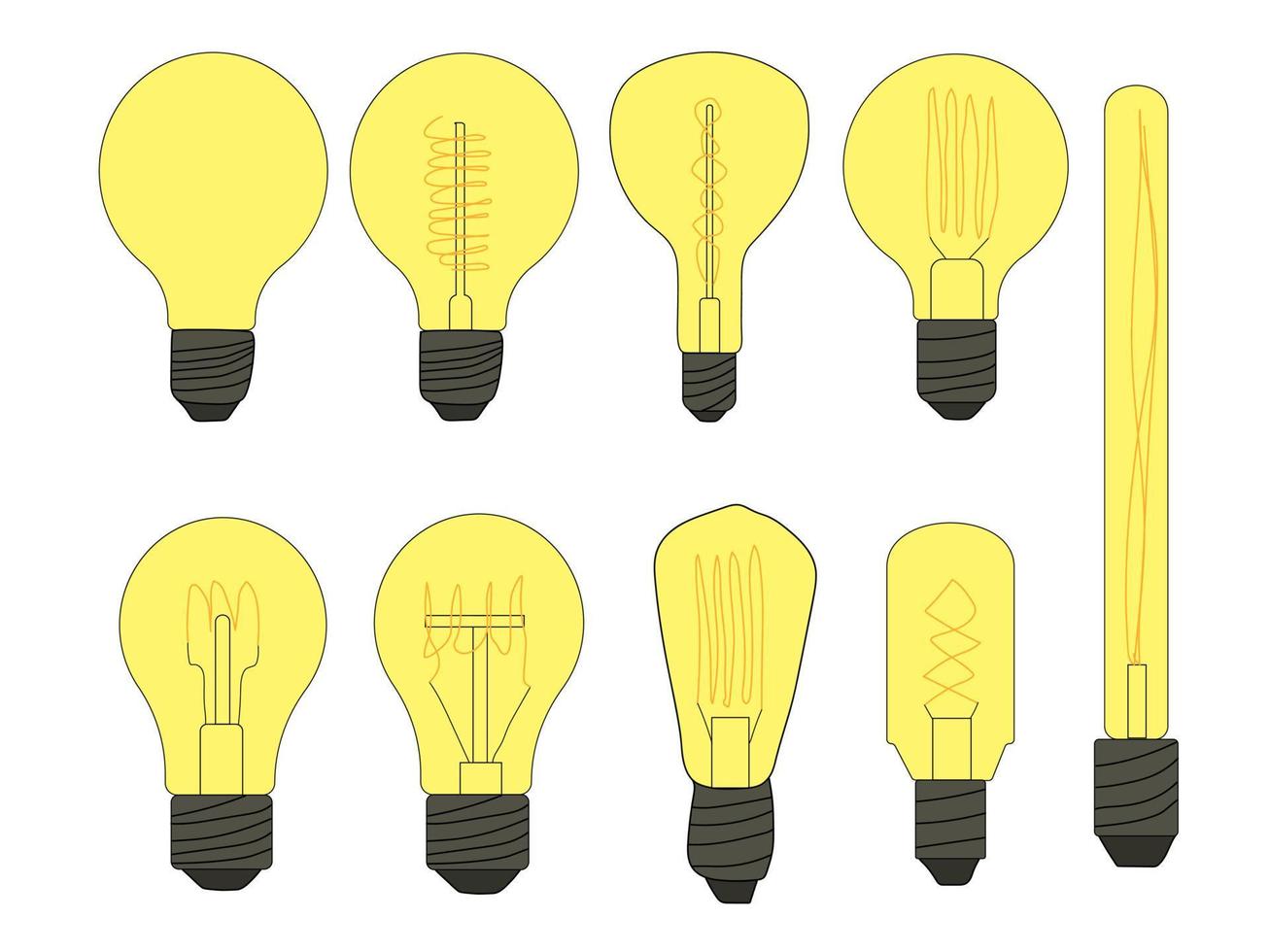Set of glowing light bulb icons. Vector doodle illustration of an incandescent light bulb.