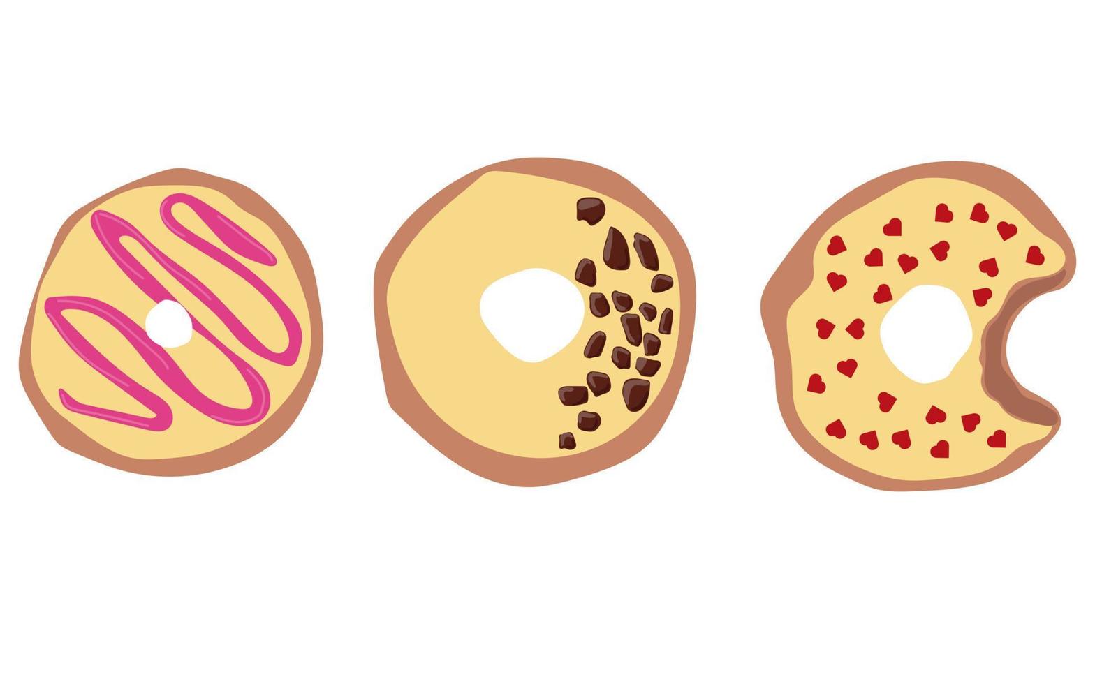 conjunto de tres donuts con icono de donut de glaseado amarillo, ilustración vectorial. vector
