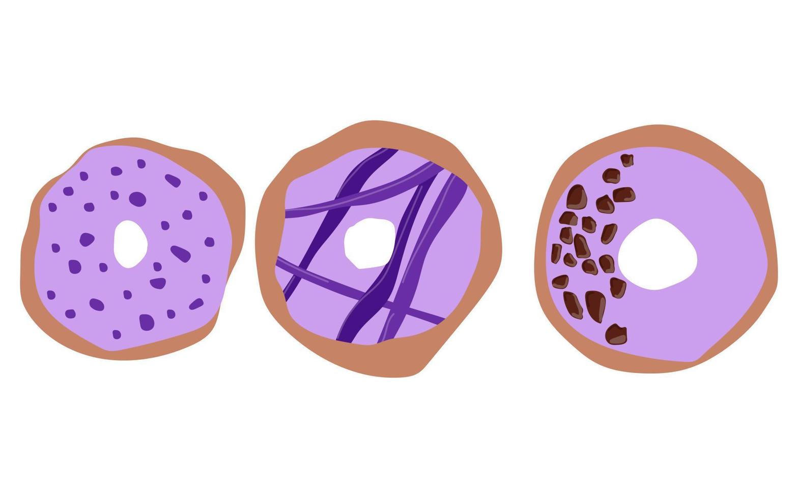 conjunto de tres donuts con icono de donut de glaseado púrpura, ilustración vectorial. vector