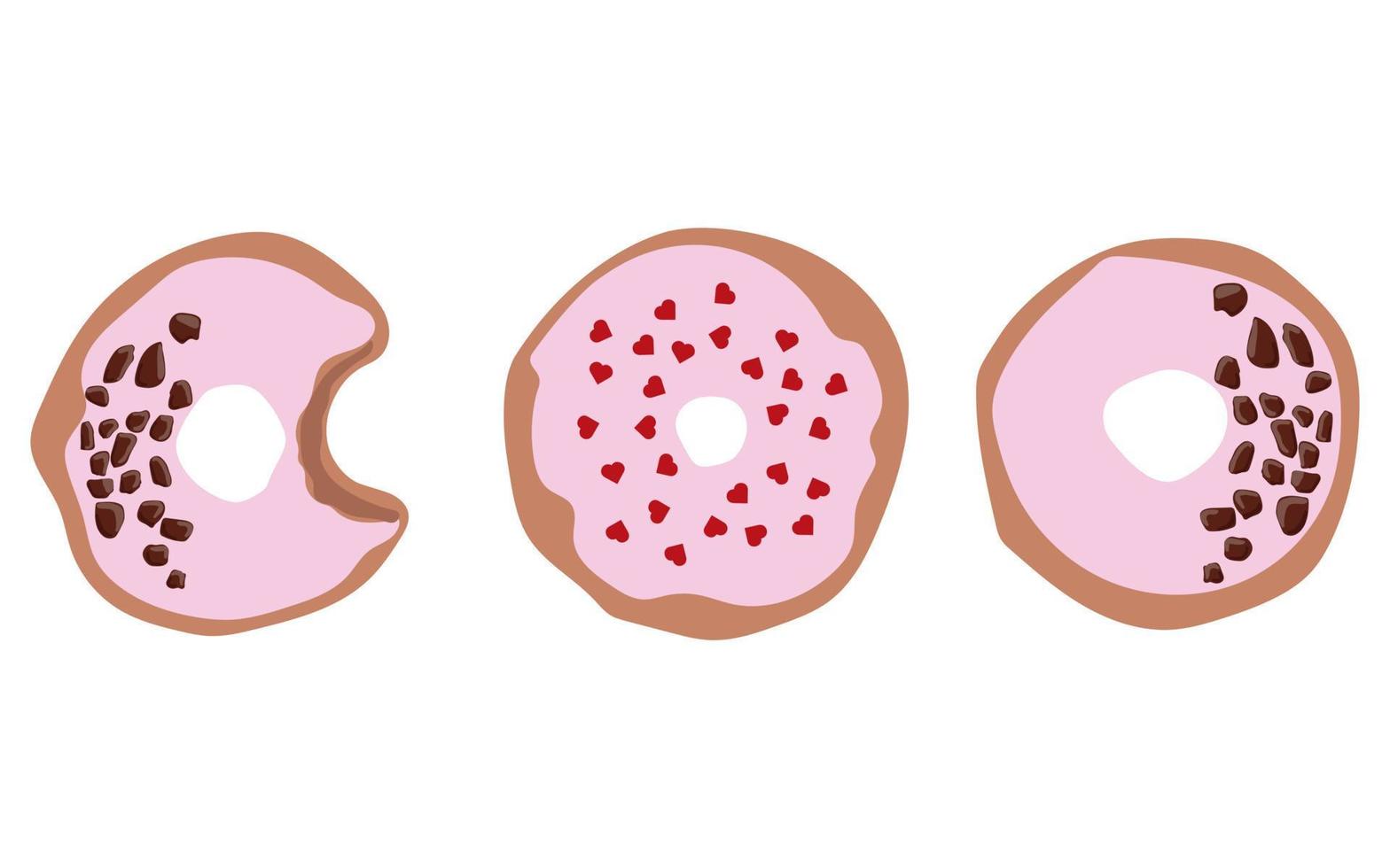 set of three donuts with pink icing donut icon, vector illustration.