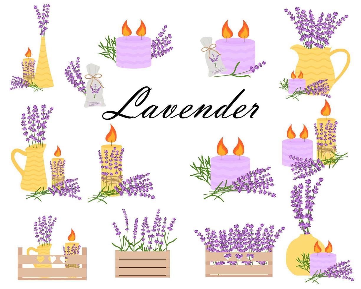 Delicate lavender set of lavender flowers in yellow vases, lavender candles, lavender bouquets. vector