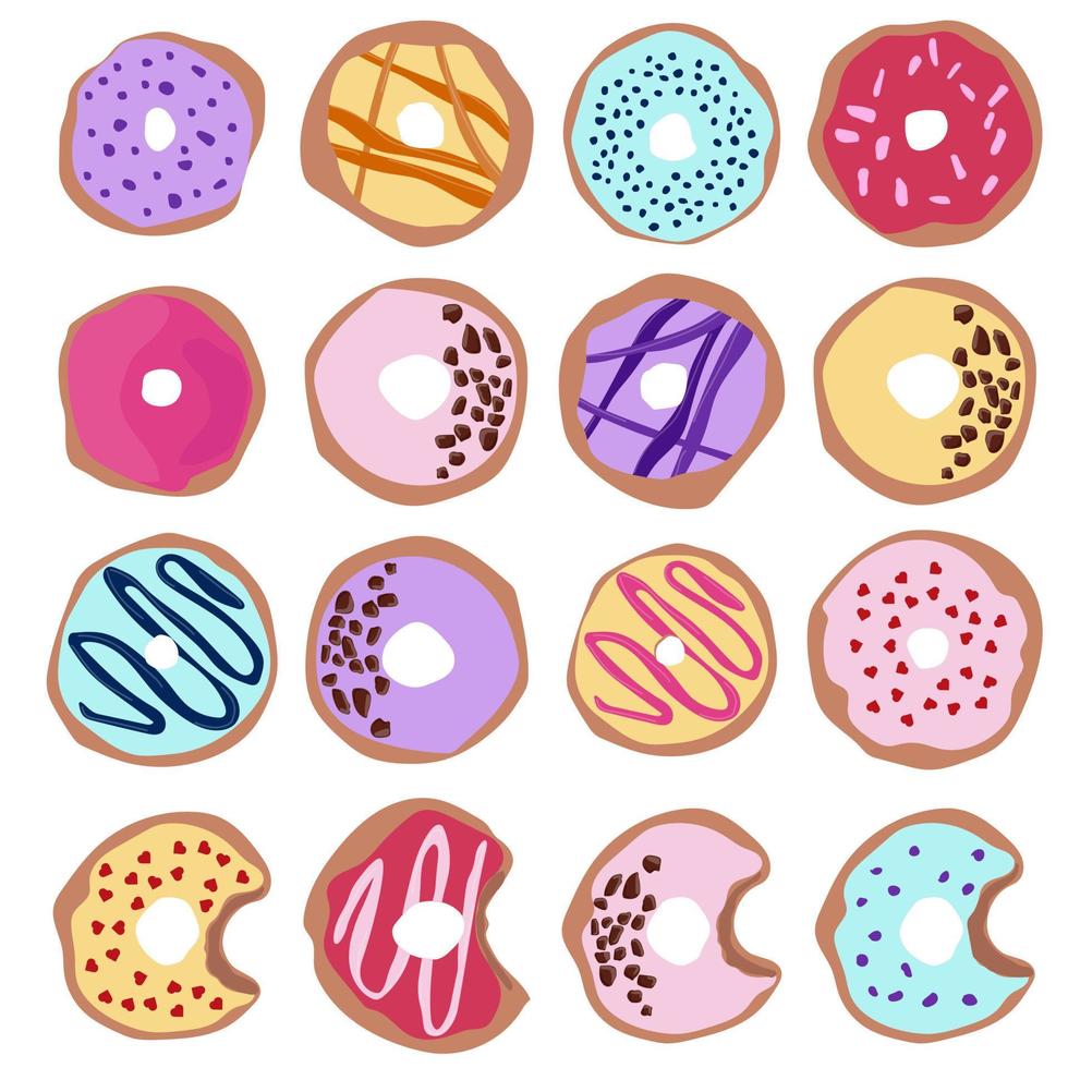 Big set of illustrations of donuts. Donuts in colorful glaze vector