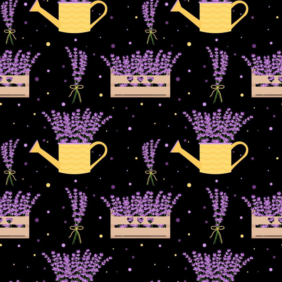 Seamless pattern with lavender flowers, flower boxes, flower bouquets. Floral seamless pattern. vector