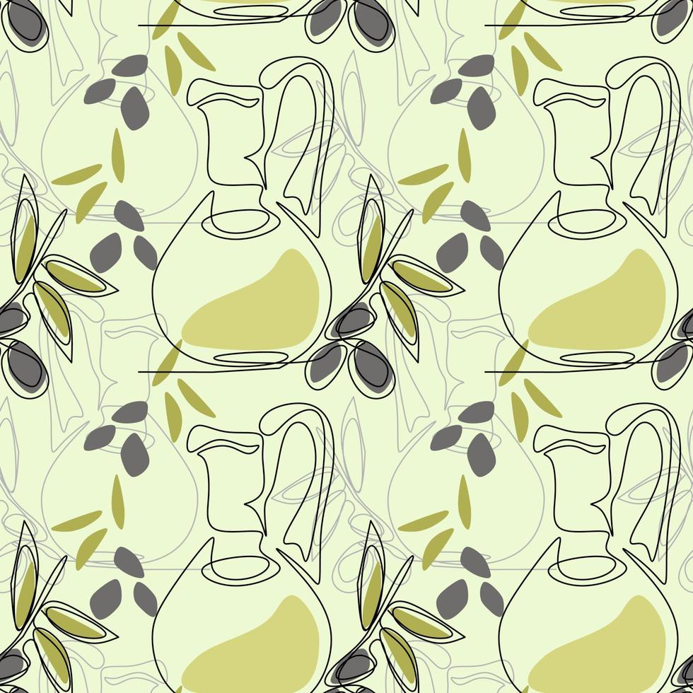 Olive oil bottle seamless pattern drawn in line art style vector