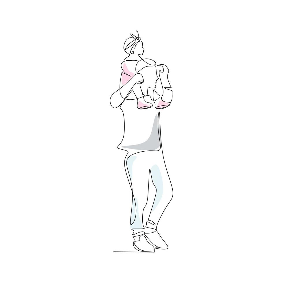 Vector illustration of a father holding his little daughter on his shoulders drawn in line-art style