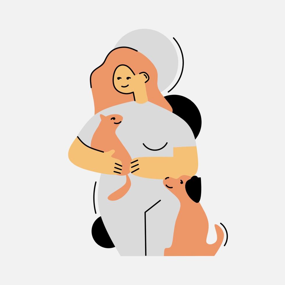 Vector illustration of woman caring for pets
