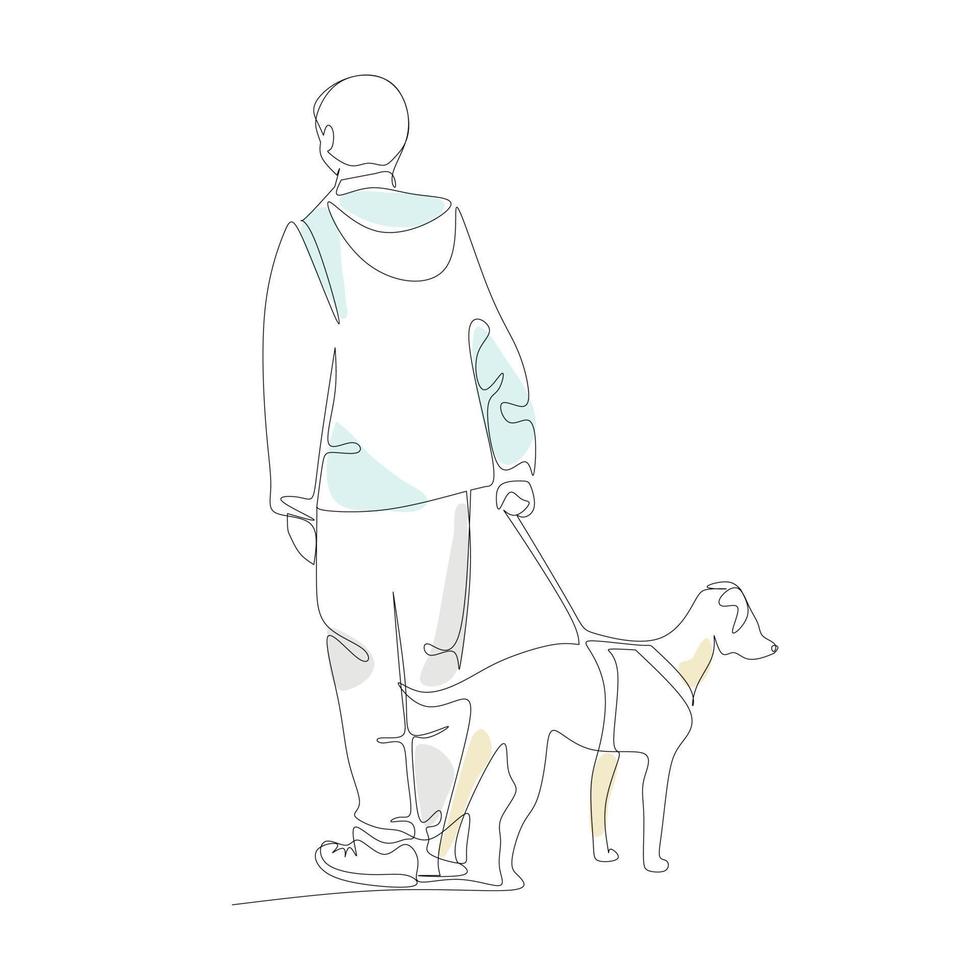 Vector illustration of a guy walking with a dog drawn in line-art style