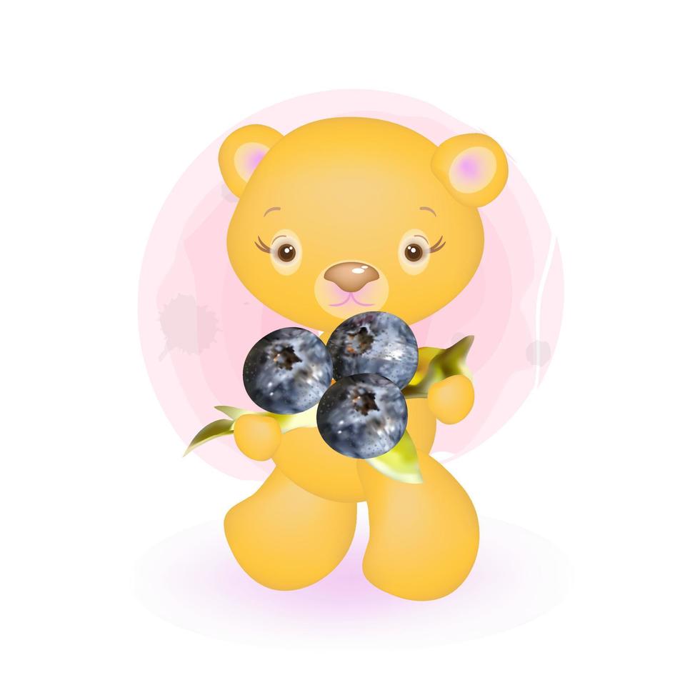 Vector illustration of a cute bear holding a blueberry