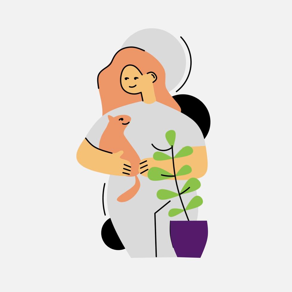 Vector illustration of woman caring for pets
