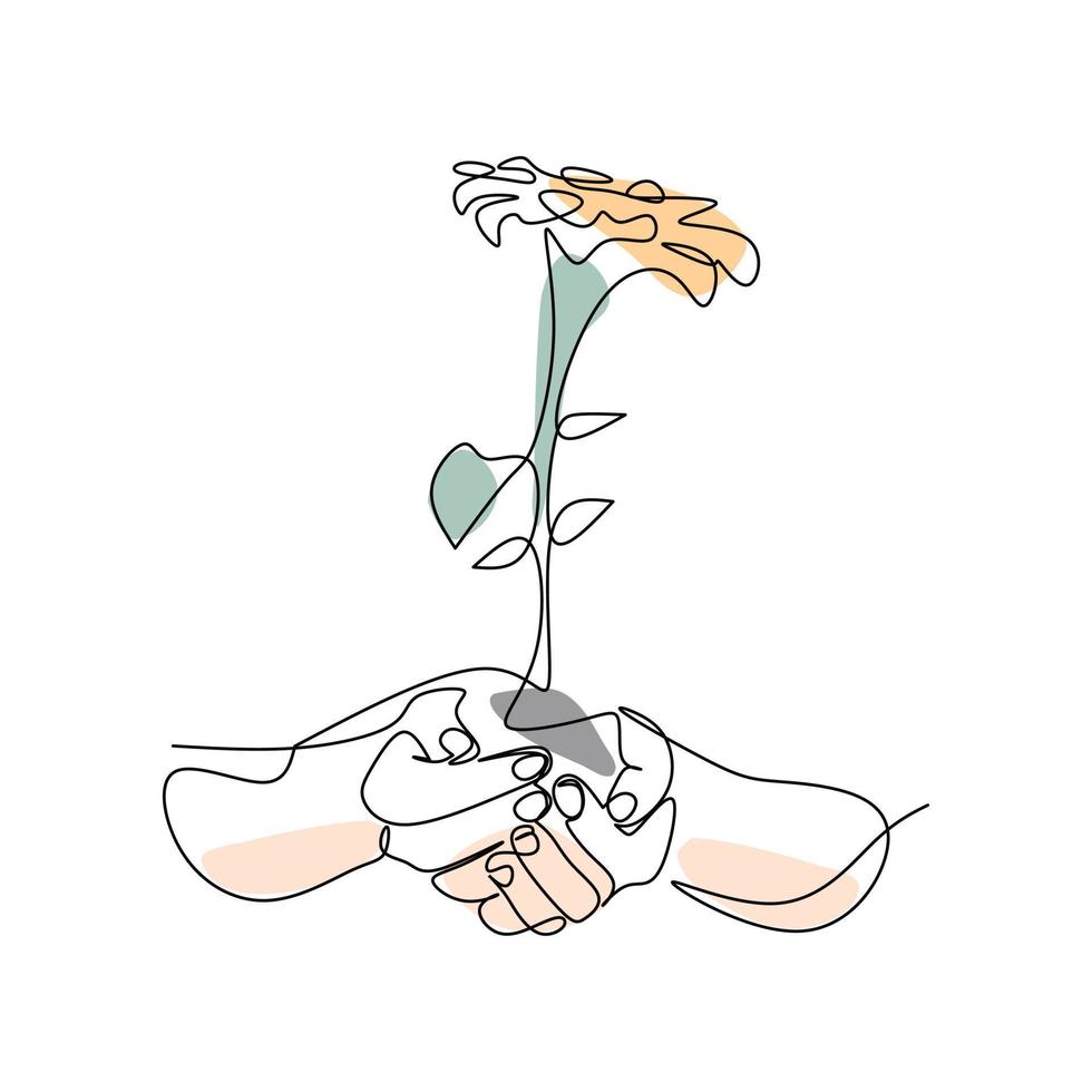Vector illustration of hands holding a sprout drawn in line-art style