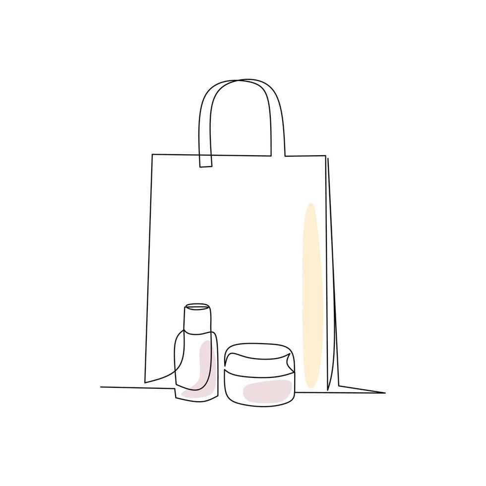 Vector illustration of a package with shopping and cosmetics drawn in line-art style