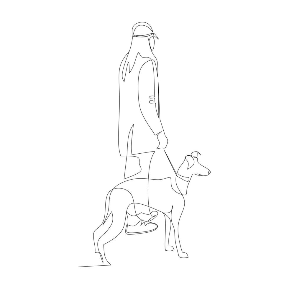 Vector illustration of a woman walking with a dog drawn in line-art style
