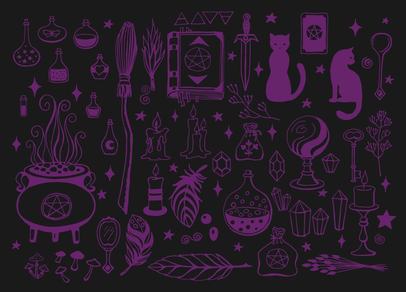 Witchcraft, magic background for witches and wizards. Vector vintage collection. Hand drawn magic tools, concept of witchcraft. Drawn magic tools book, candles, potions, broom, crystals, cauldron.