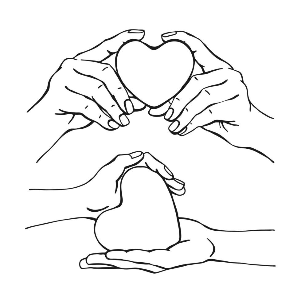 manos sosteniendo el corazón. ilustración vectorial dibujada a mano. sobre fondo blanco para su diseño. vector