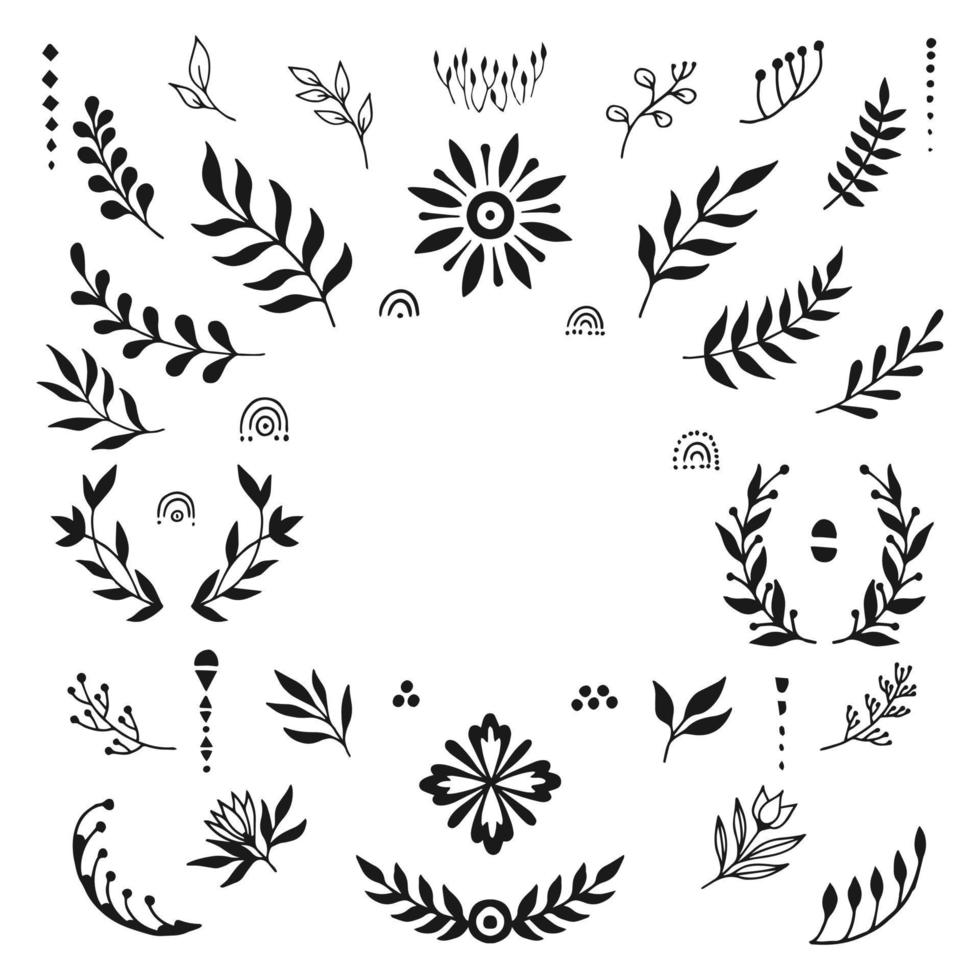 marco de ilustraciones florales místicas y misteriosas en estilo dibujado a mano. elementos florales perfecto para textiles, tarjetas, misterio, emblemas de logotipos y embalaje de productos. vector