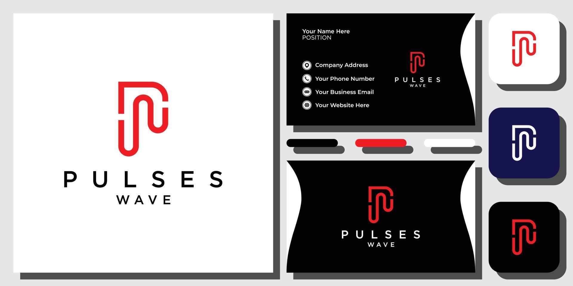 Initials P pulse wave illustration technology with business card template vector