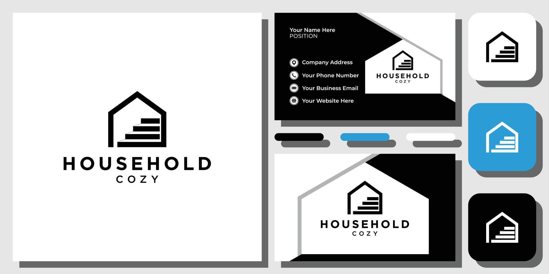 Household cozy home stairs interior architecture with business card template vector