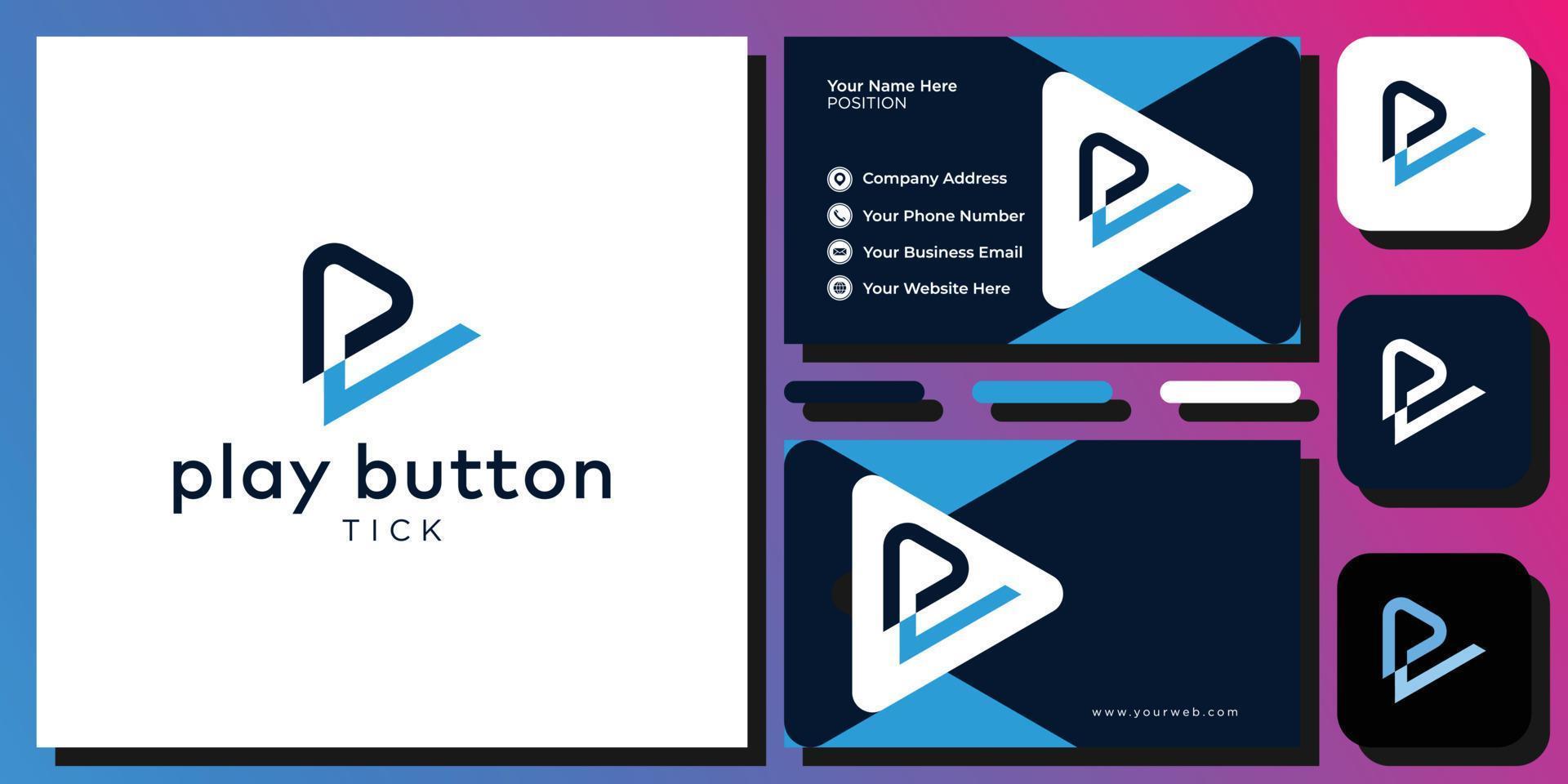 Initial letter P play button tick symbol with business card template vector