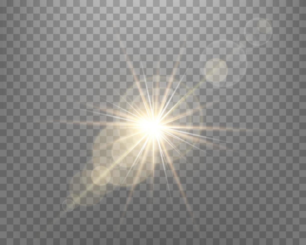 Sunlight lens flare, sun flash with rays and spotlight. Vector illustration.