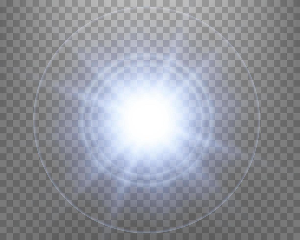 Blue sunlight lens flare, sun flash with rays and spotlight. Vector illustration.