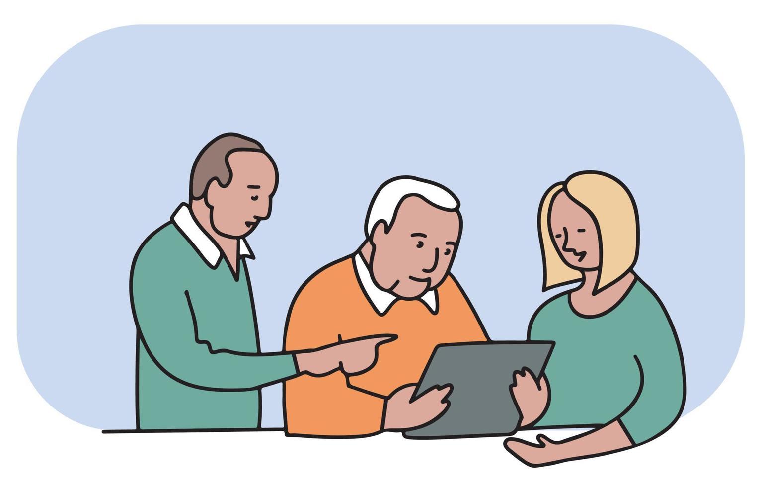 communication on the computer for the elderly. Computer education. Elderly man using computer with help of a man and woman. Back to school. E-learning, vector