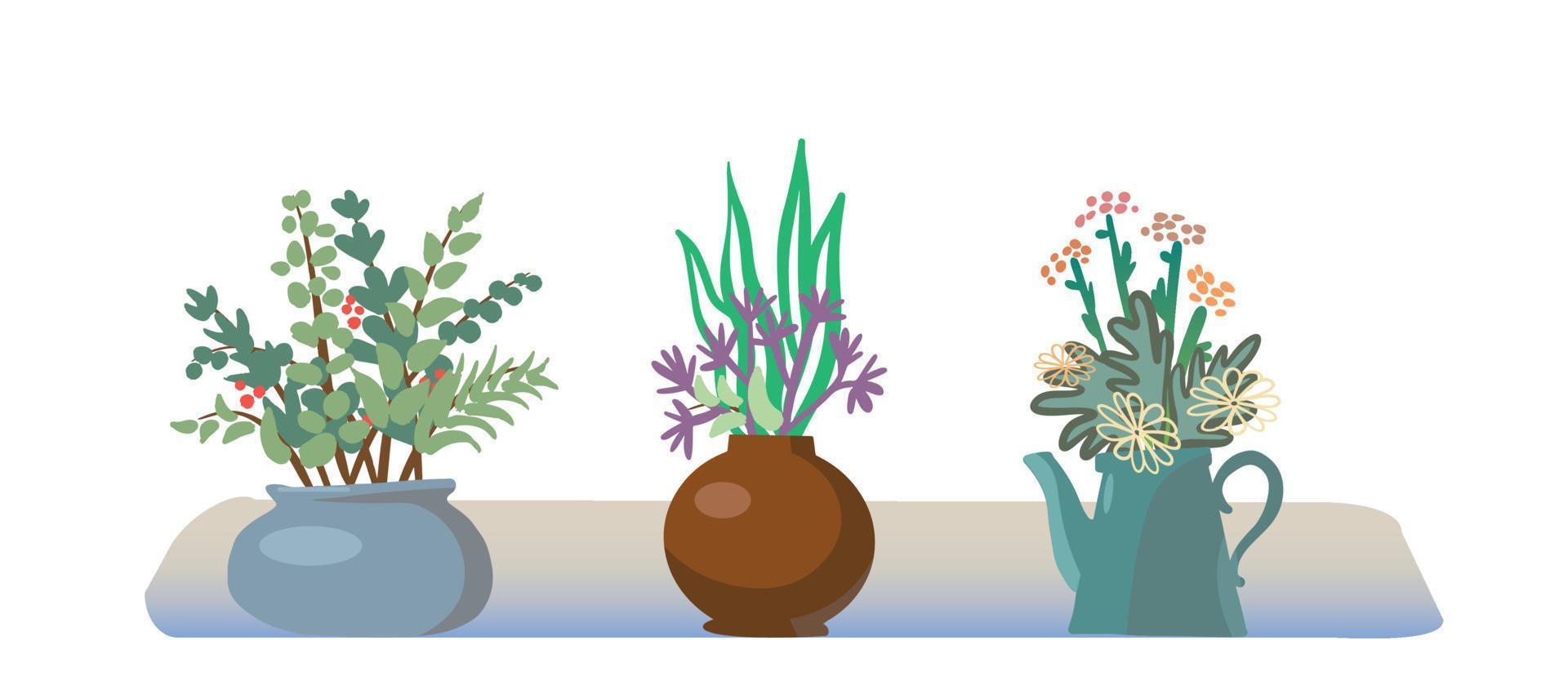 Flower bouquet. Bunch of plants in vase collection. Vector isolated garden flowers botanical decoration set