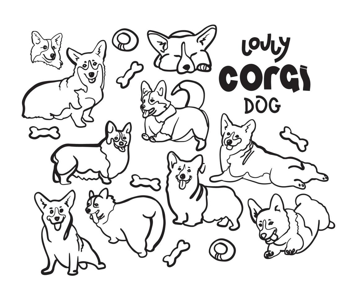 lindo perro corgi garabato. colección en diferentes poses en estilo de ilustración de dibujo a mano alzada. vector