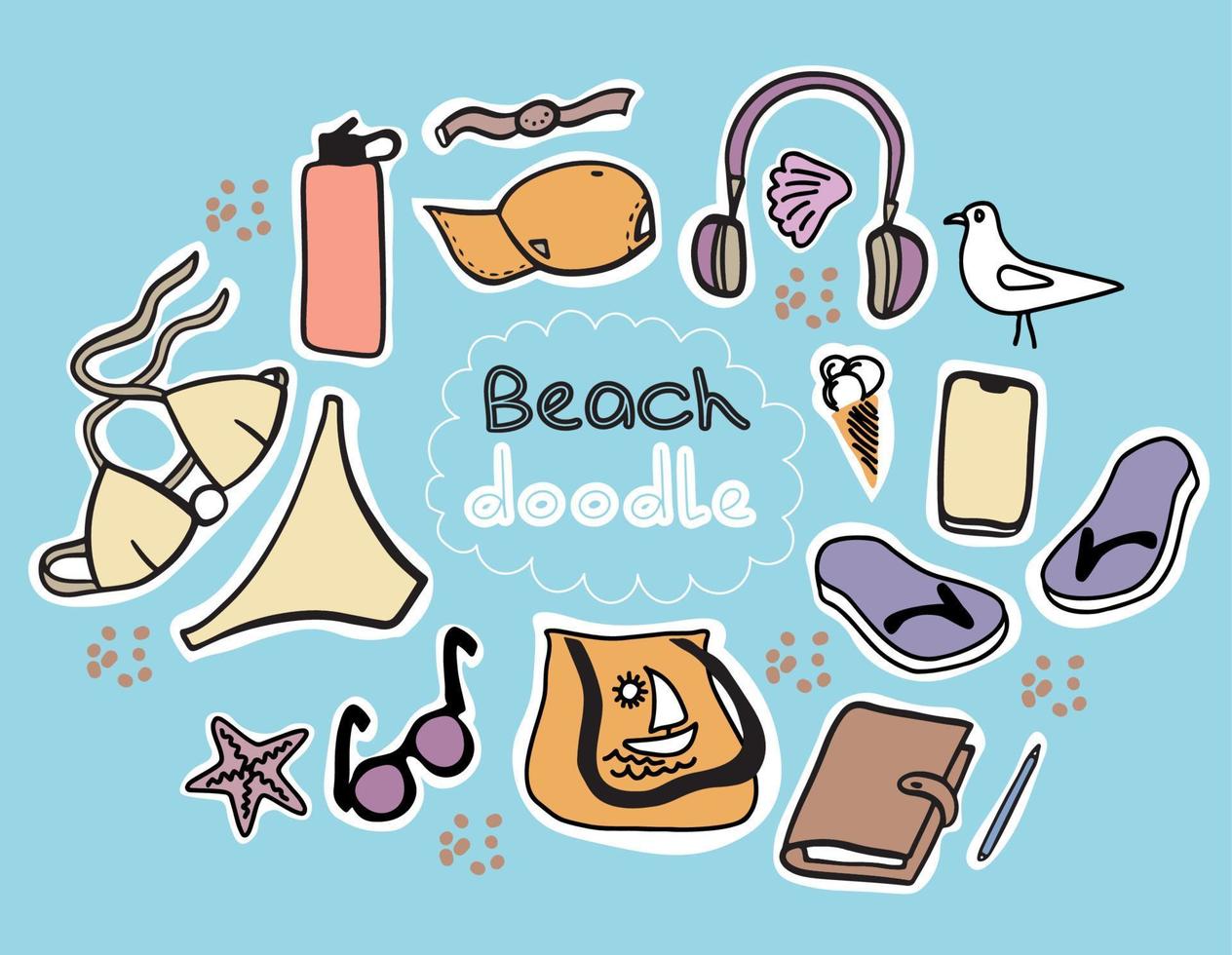 vacaciones de verano accesorios de vacaciones en la playa tropical imágenes de dibujos animados con tabla de surf crema solar bola inflable gafas de sol gaviota helado palmas cóctel tropical máscara de buceo ilustración vectorial vector