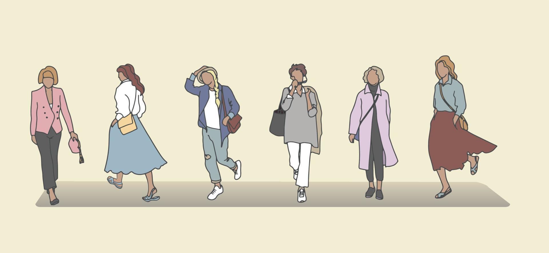 Ilustración de vector de gente feliz casual. diferentes personajes de dibujos animados, personas que usan ropa elegante en estilo informal