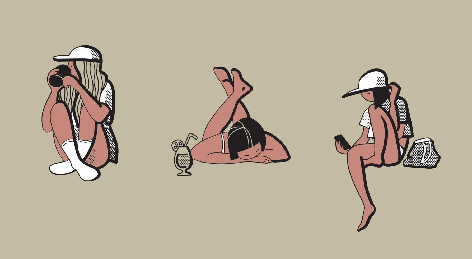 concepto de amistad. personajes adolescentes en diferentes poses, chica con teléfono móvil, chica con taza, chica relajándose con un cóctel. ilustración vectorial para carteles vector