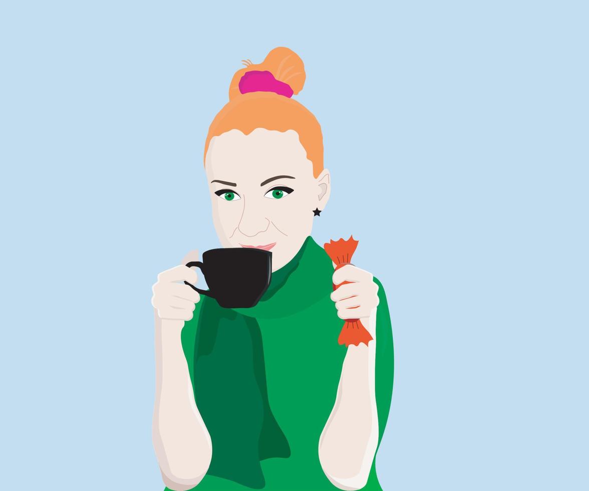 una chica pelirroja bebe café o té vector